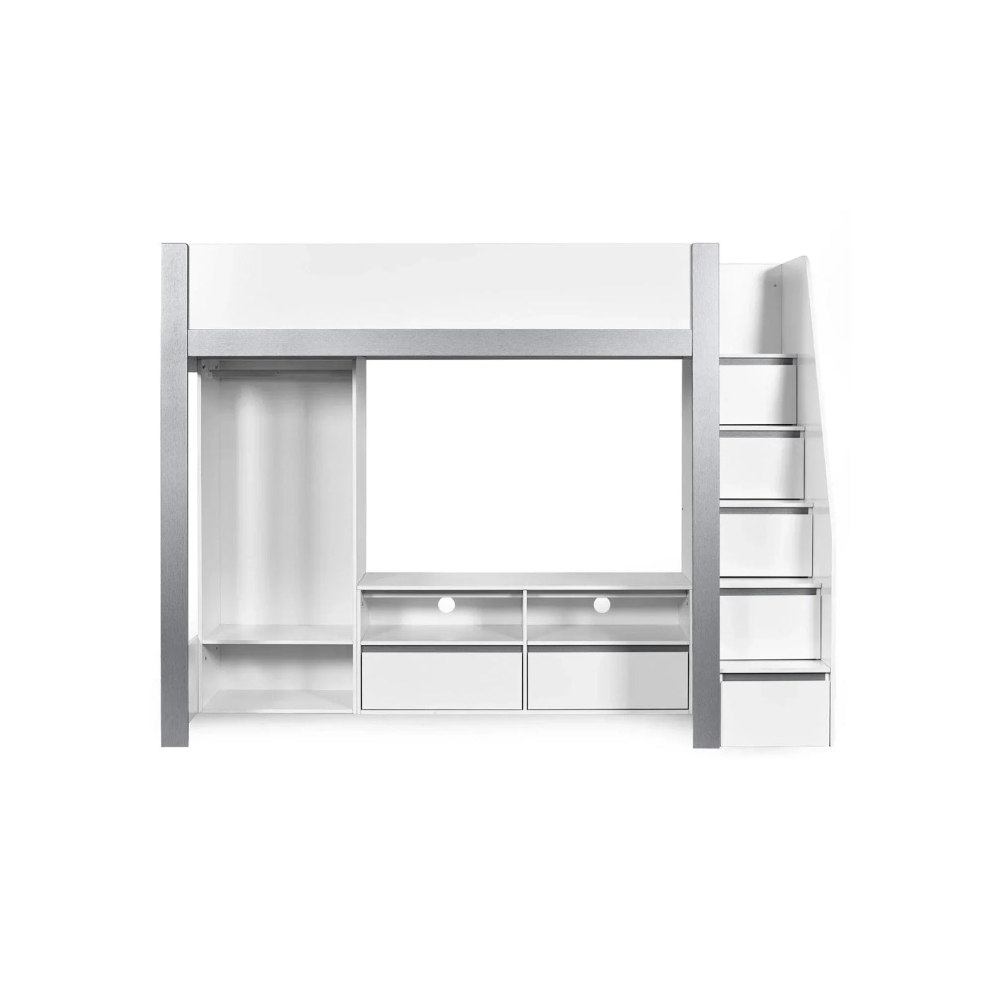White and grey bunk bed with built-in storage drawers, shelves, and side staircase