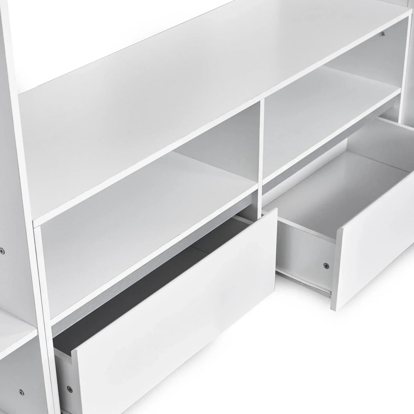 White shelving unit with open storage shelves and two open drawers, angled view
