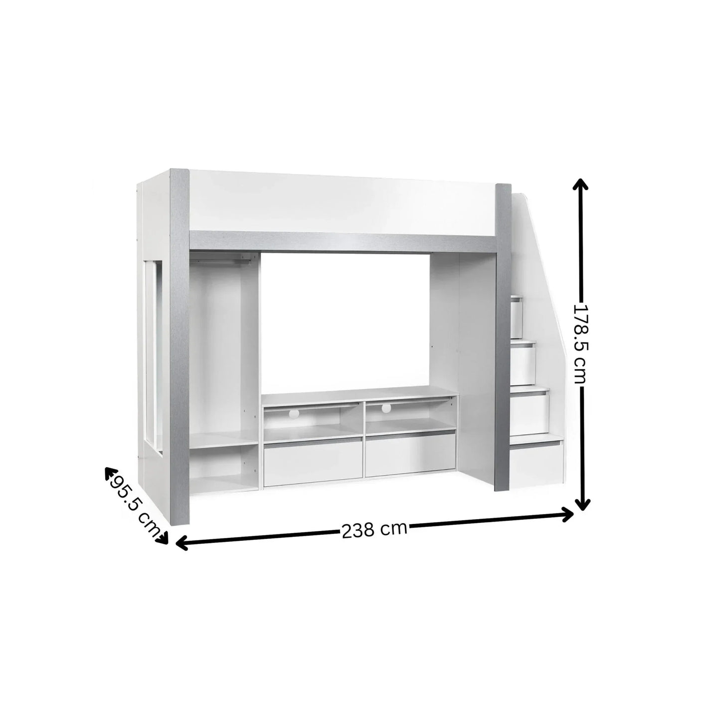 White and grey loft bed frame with storage drawers and steps, dimensions are labeled