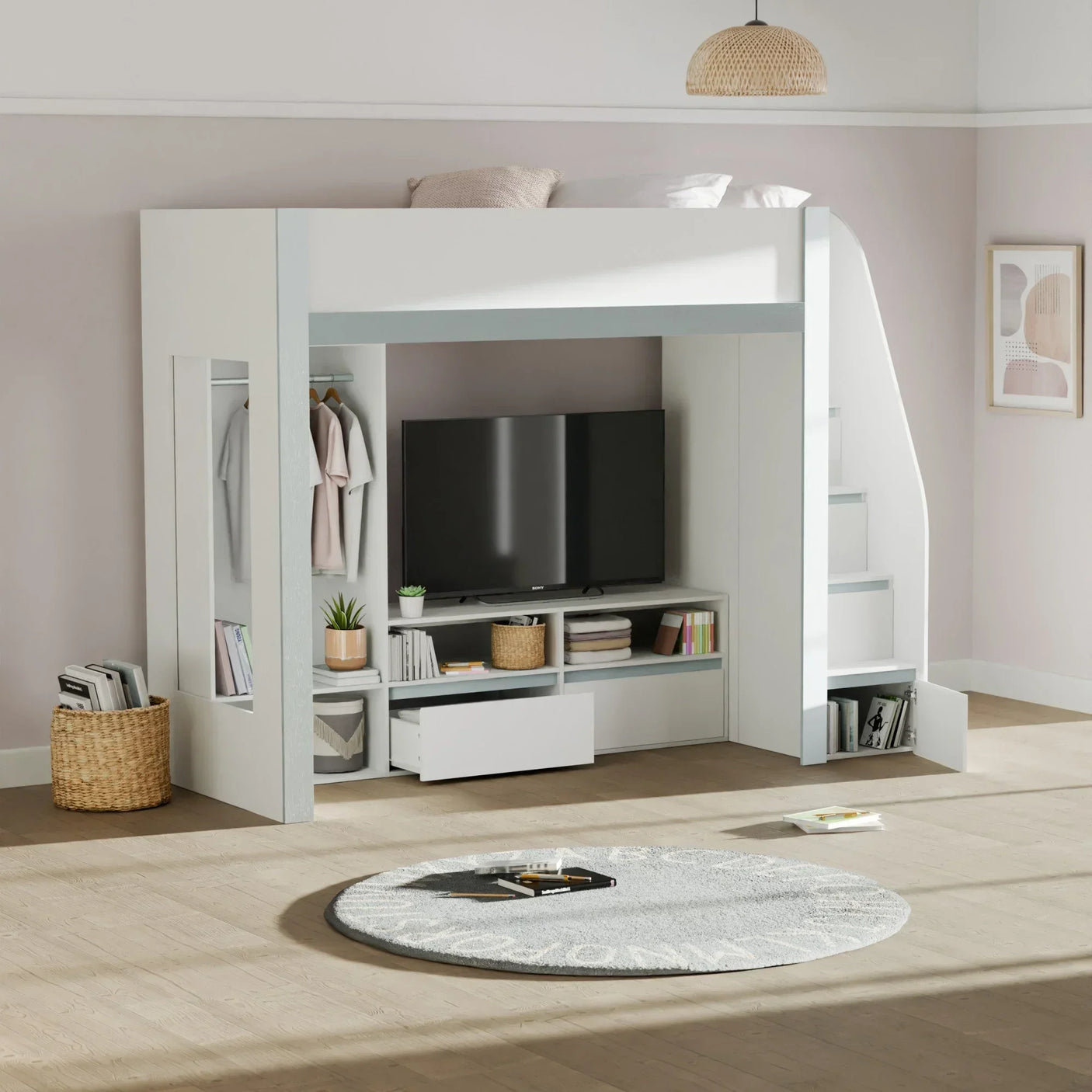 White loft bed with built-in wardrobe, TV unit, desk shelves and stairs in modern bedroom
