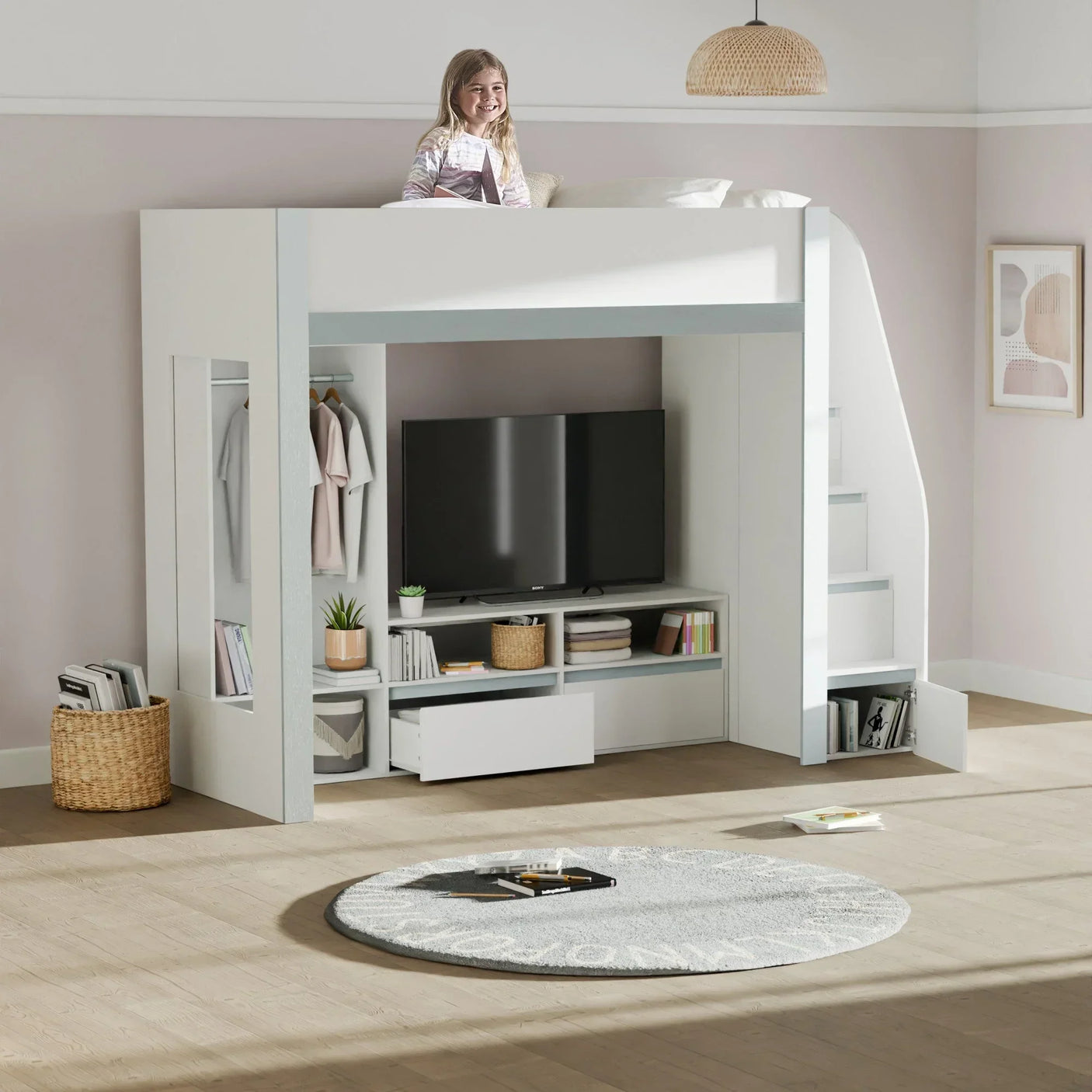 White loft bed with steps, integrated wardrobe, TV unit and open storage in a children's room