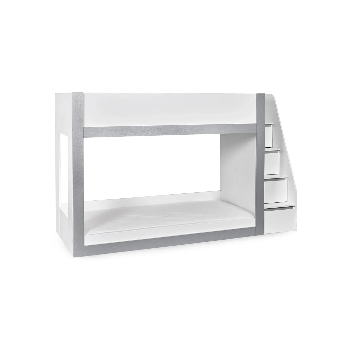 White and grey bunk bed with side staircase and modern frame design