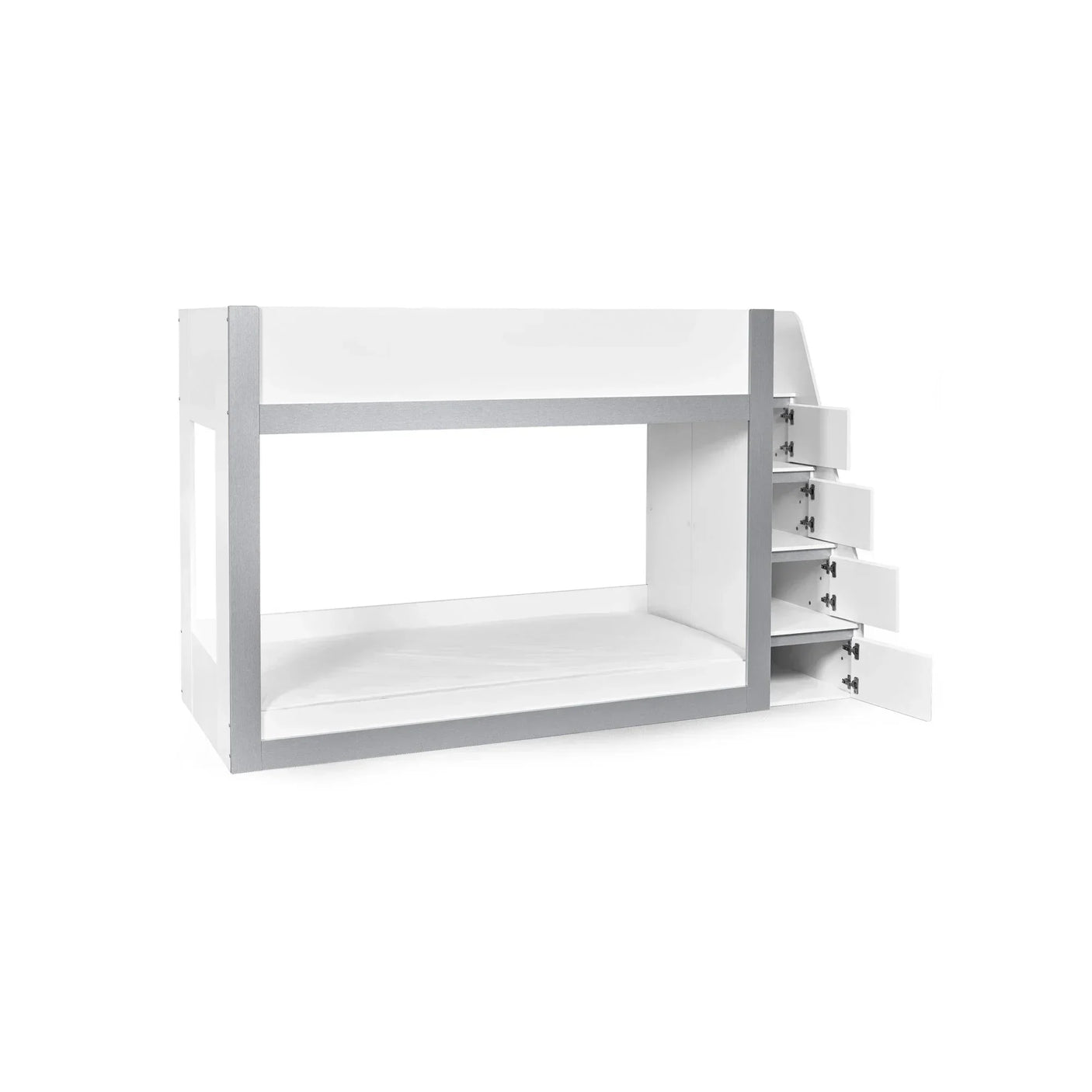 White and grey bunk bed with built-in storage drawers in staircase steps