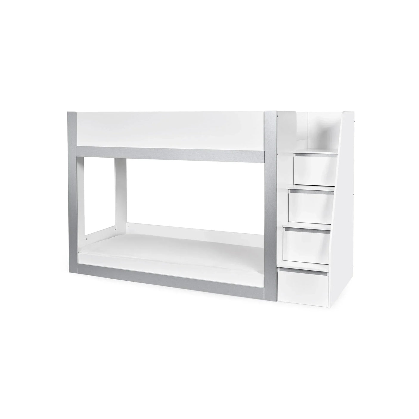 White bunk bed with silver trim and built-in staircase drawers for storage