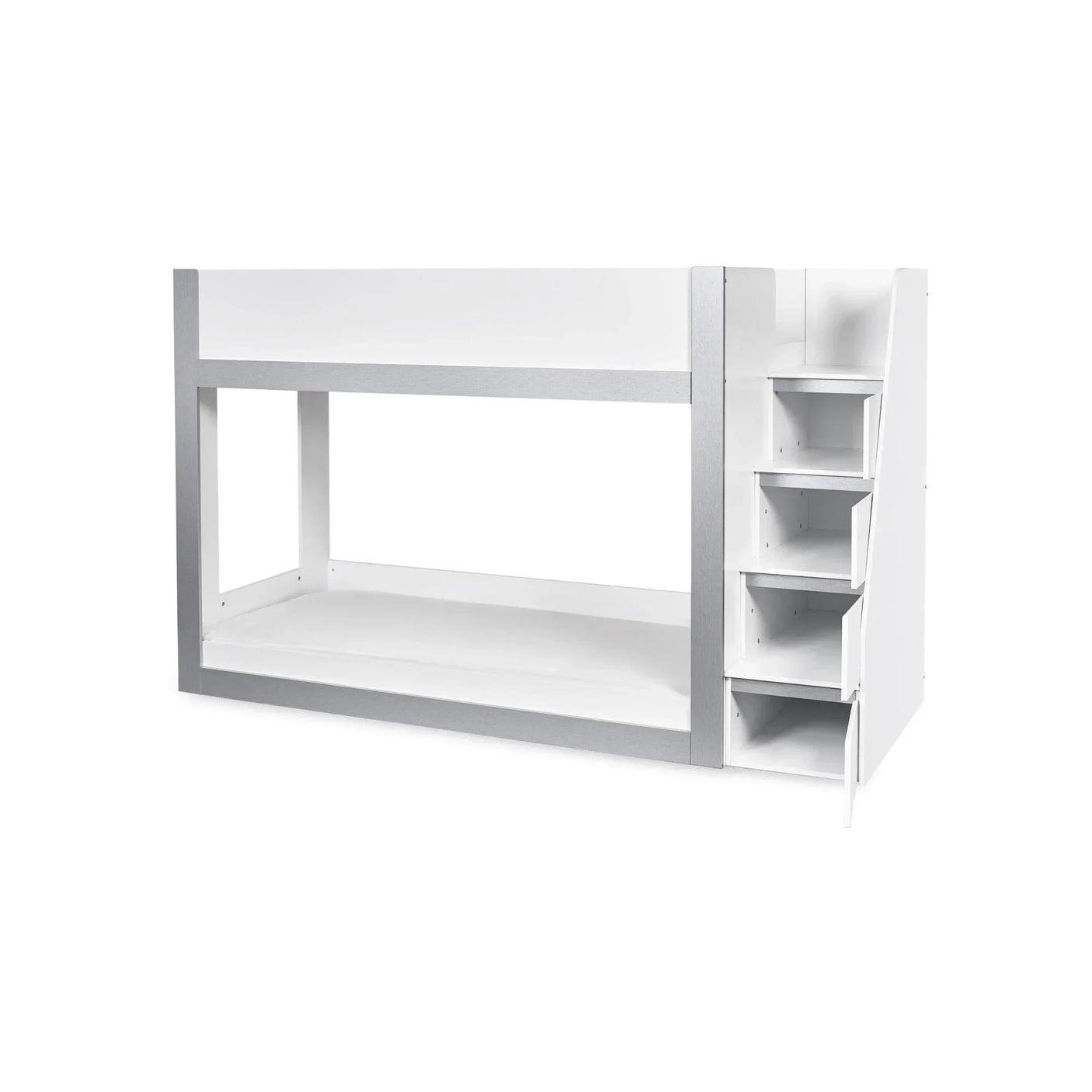 White bunk bed with side storage steps, modern design, photographed from the front right angle