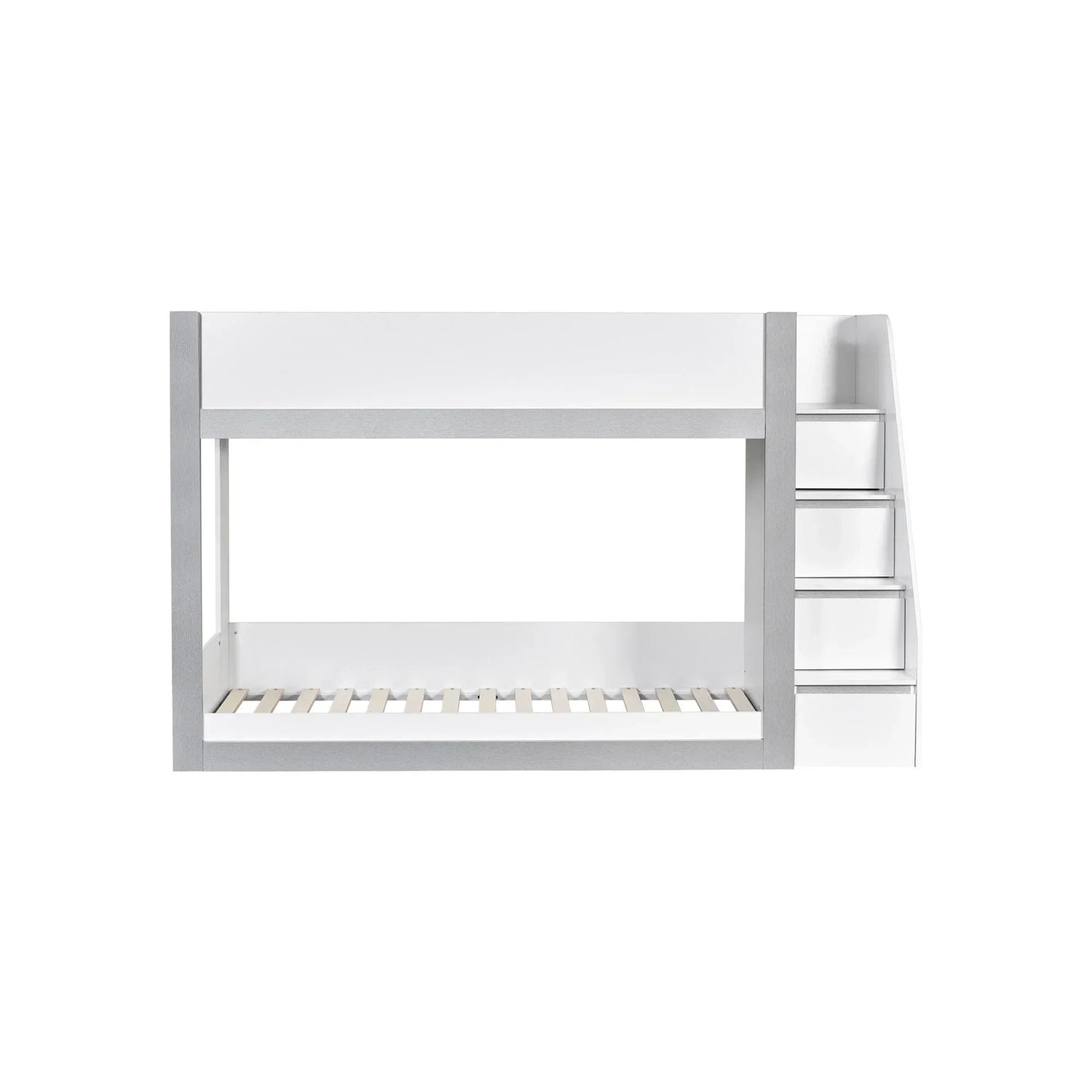 White and grey bunk bed with built-in staircase and safety rails, front view