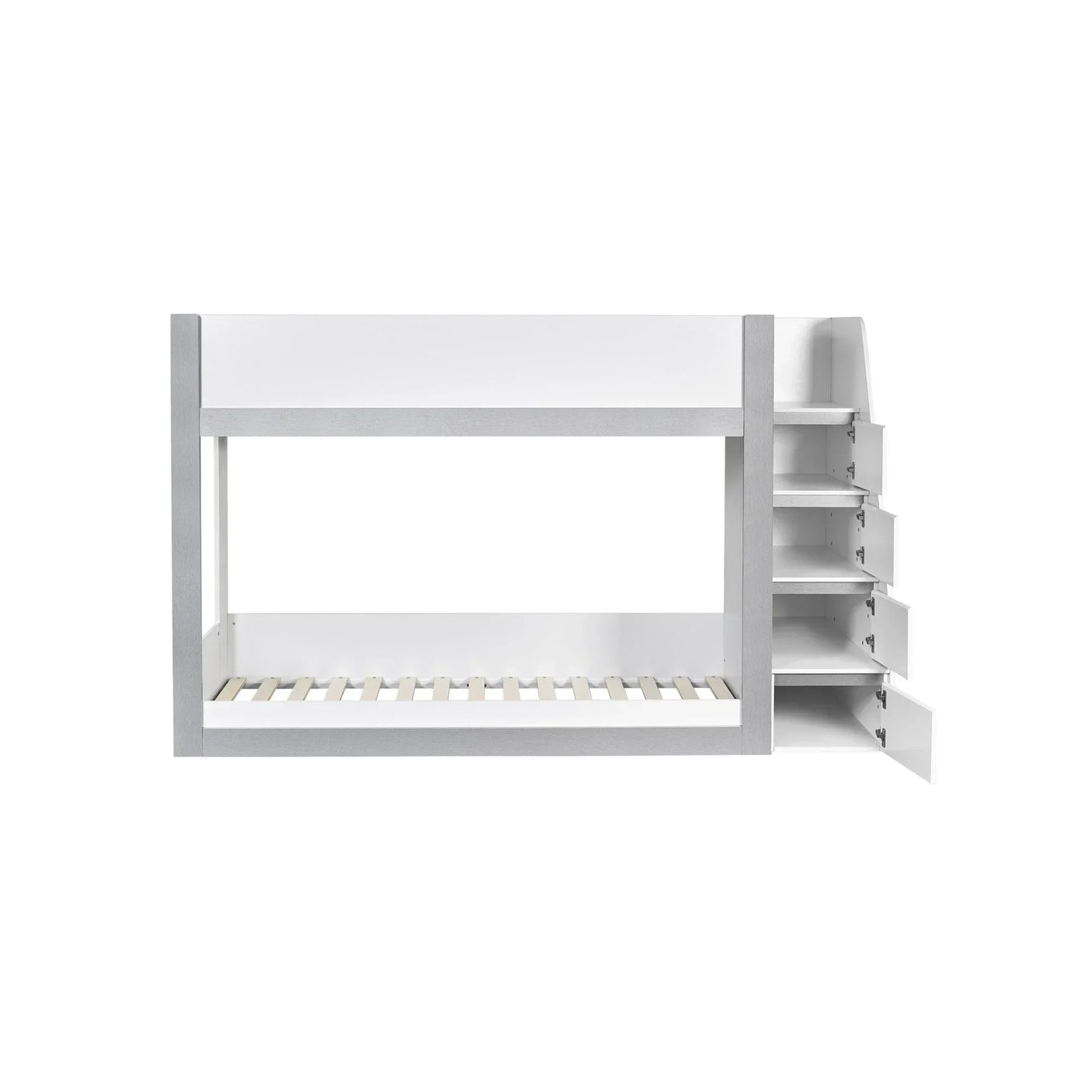 White wooden bunk bed with open side storage drawers and shelves, front view