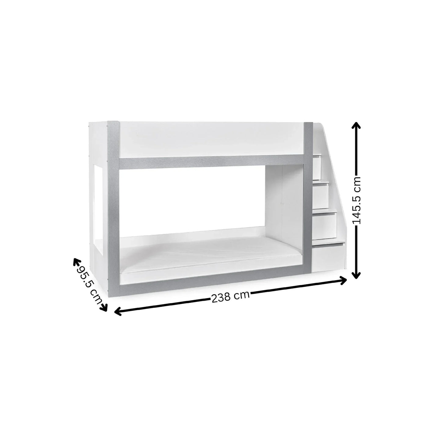 White wooden bunk bed with side stairs and dimensions shown