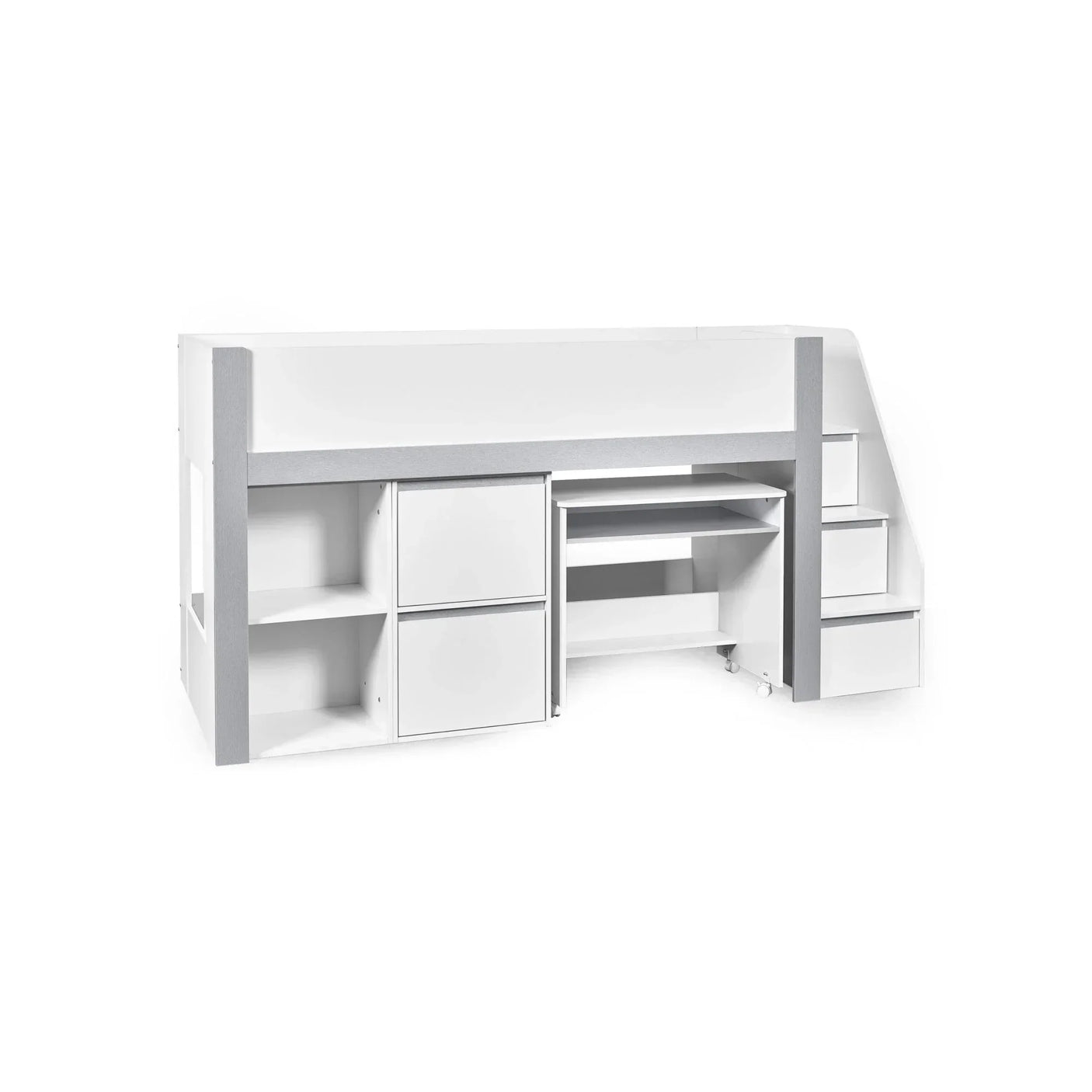 White mid sleeper bed with integrated desk, storage shelves, and stair drawers