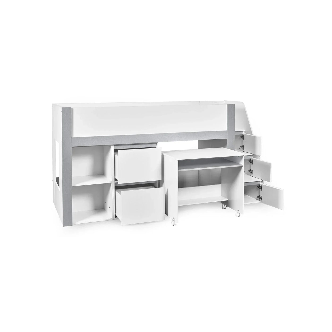 White mid sleeper bed with pull-out desk, open drawers, shelves, and cabinet storage