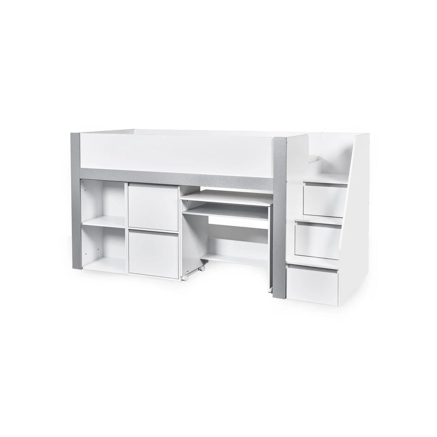 White mid sleeper bed with desk, shelving, drawers and stair storage units