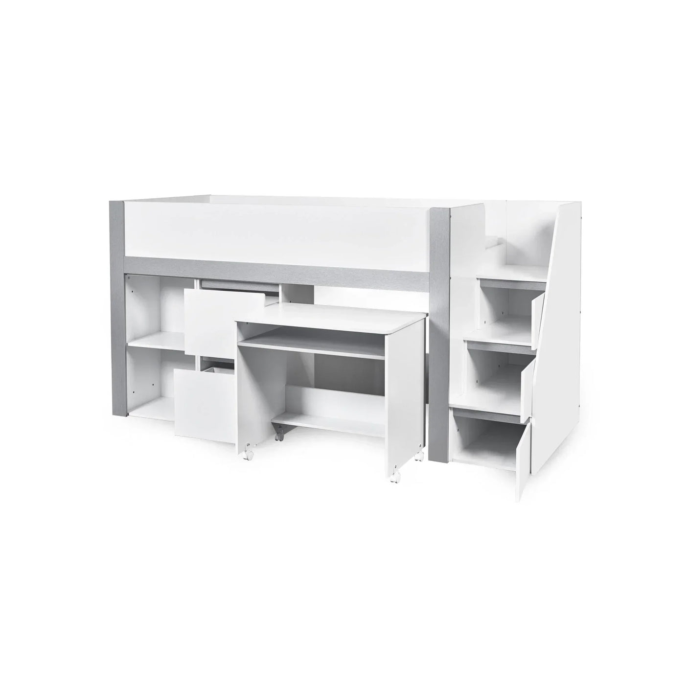 White mid sleeper bed with pull-out desk, stairs and integrated storage shelves