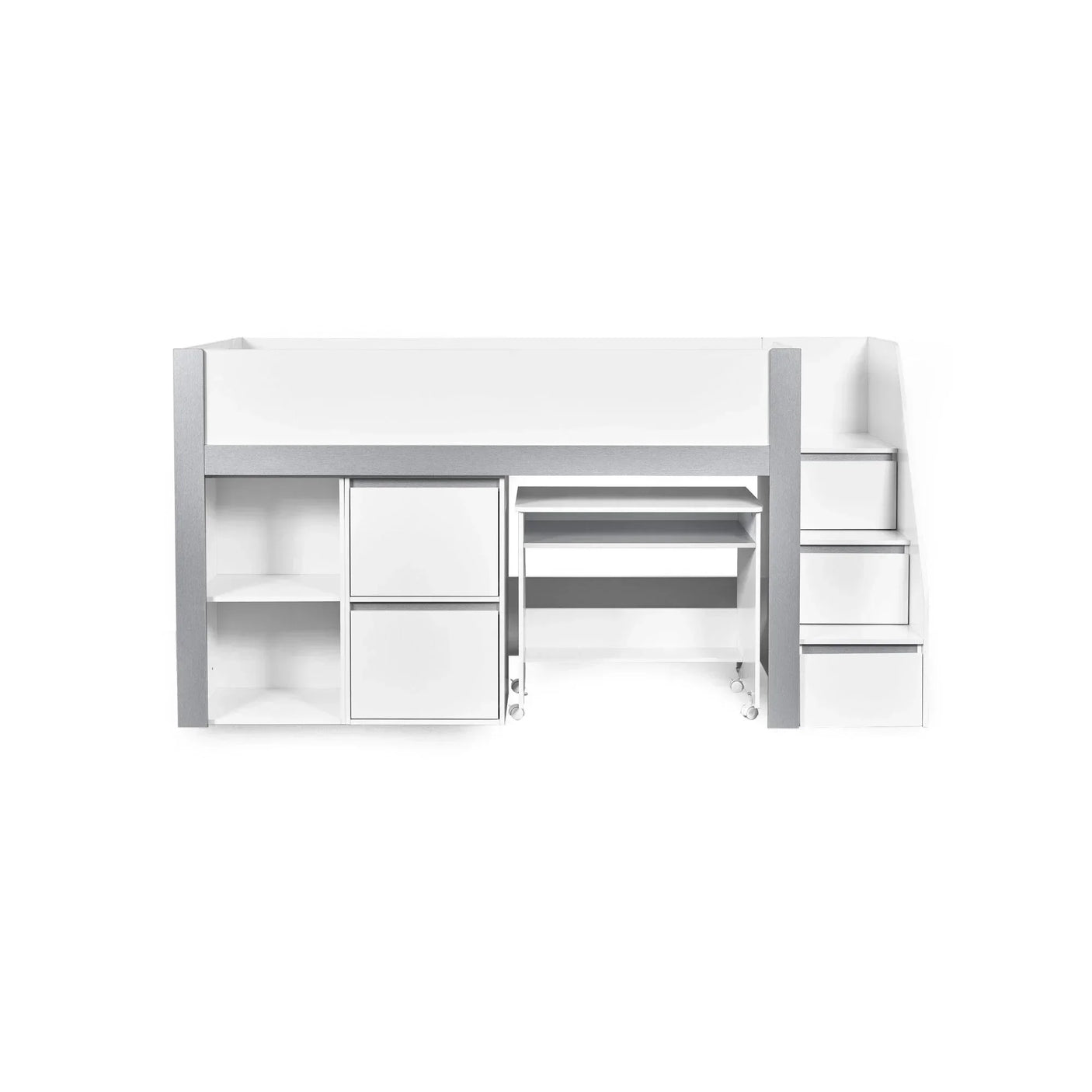 White mid sleeper bed with storage shelves, pull-out desk and stair drawers, front view