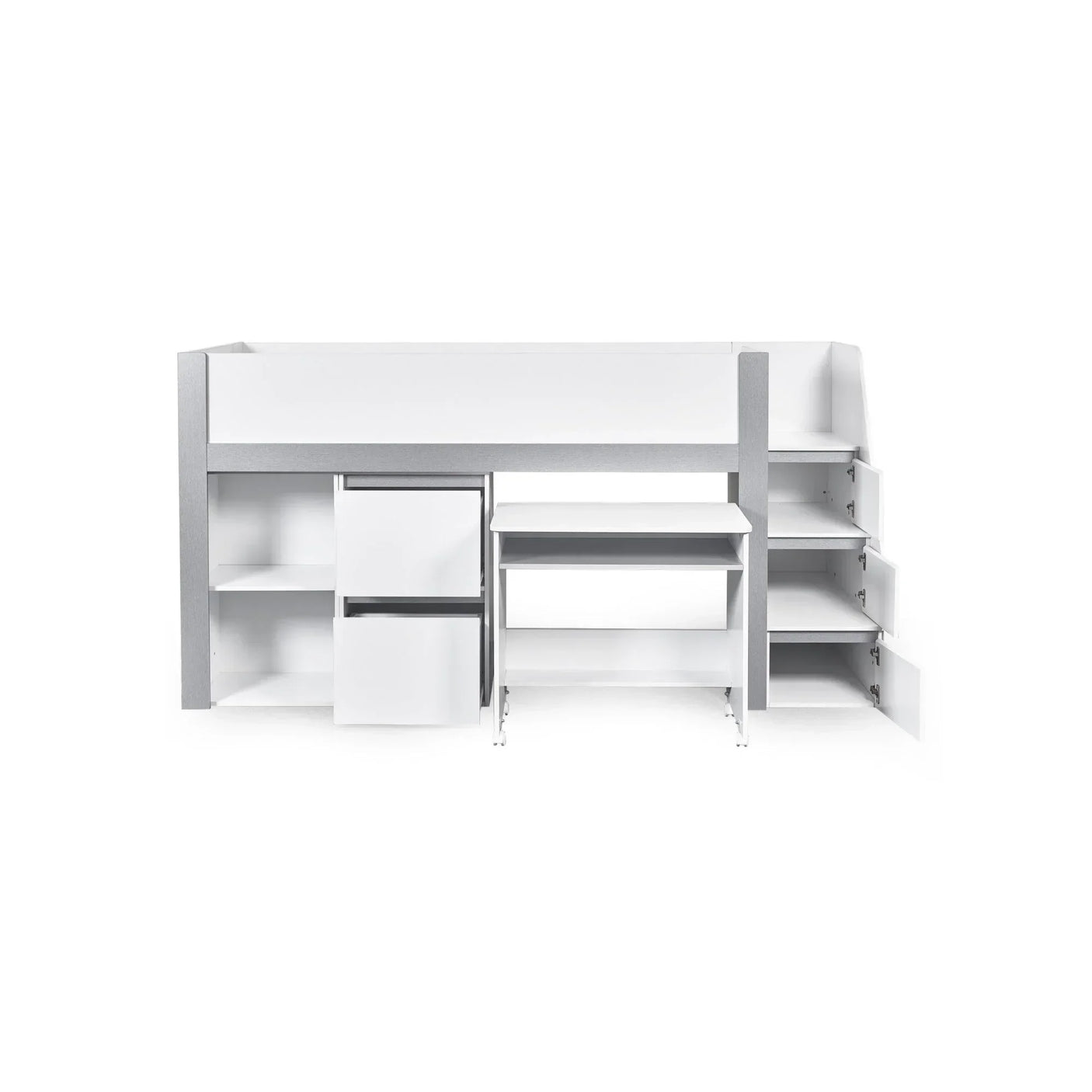 white mid sleeper bed with built-in shelves, storage drawers, pull-out desk and steps