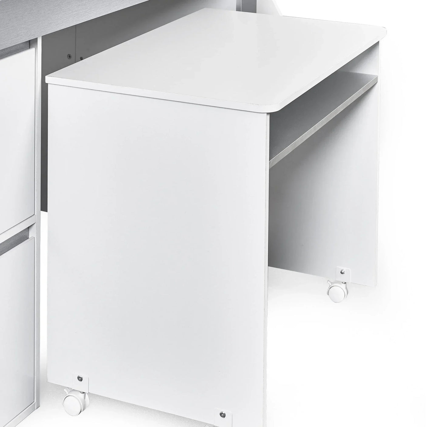 White desk with pull-out keyboard tray and storage shelf on castor wheels