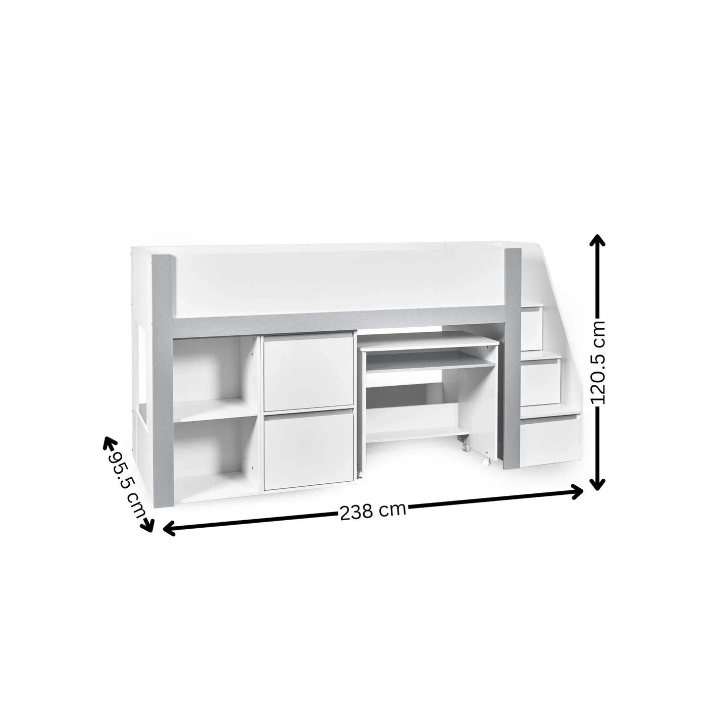 White storage midsleeper bed with built-in shelves, desk, two-door cupboard, and step drawers