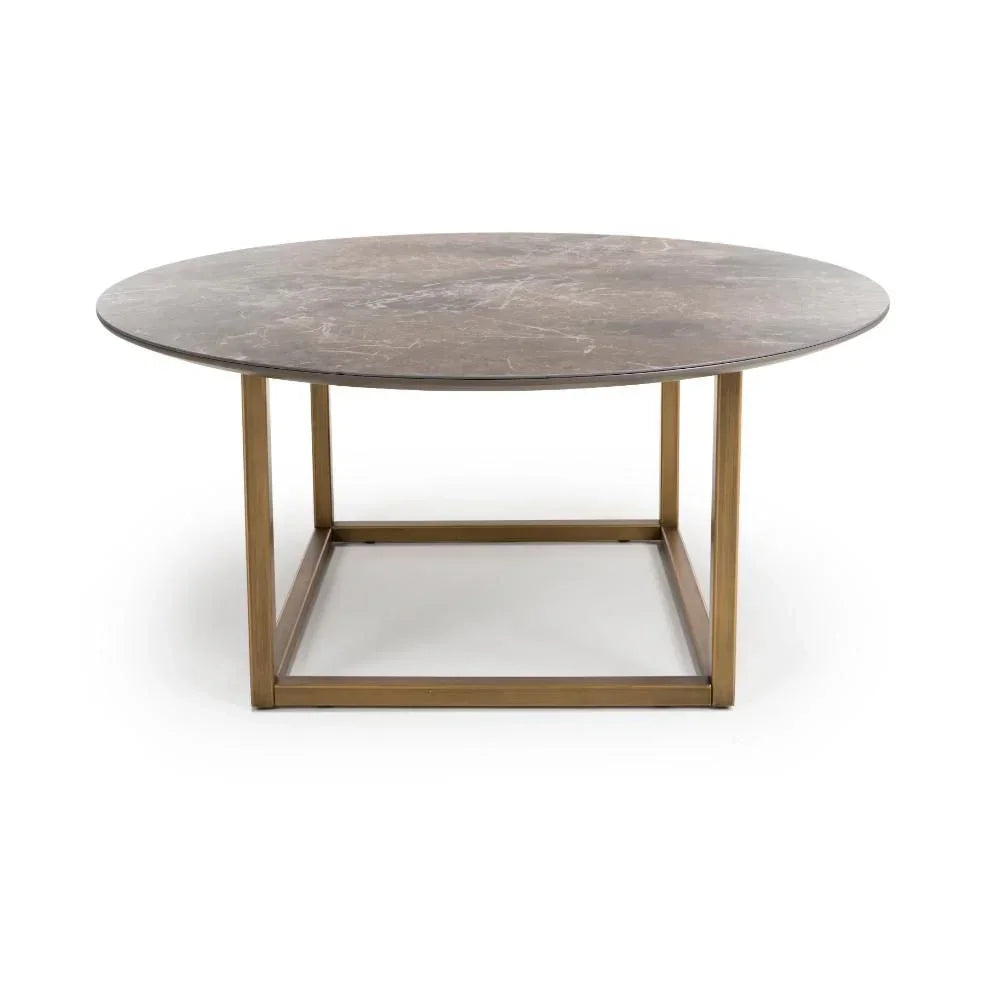 Round marble coffee table with gold metal base, contemporary living room furniture