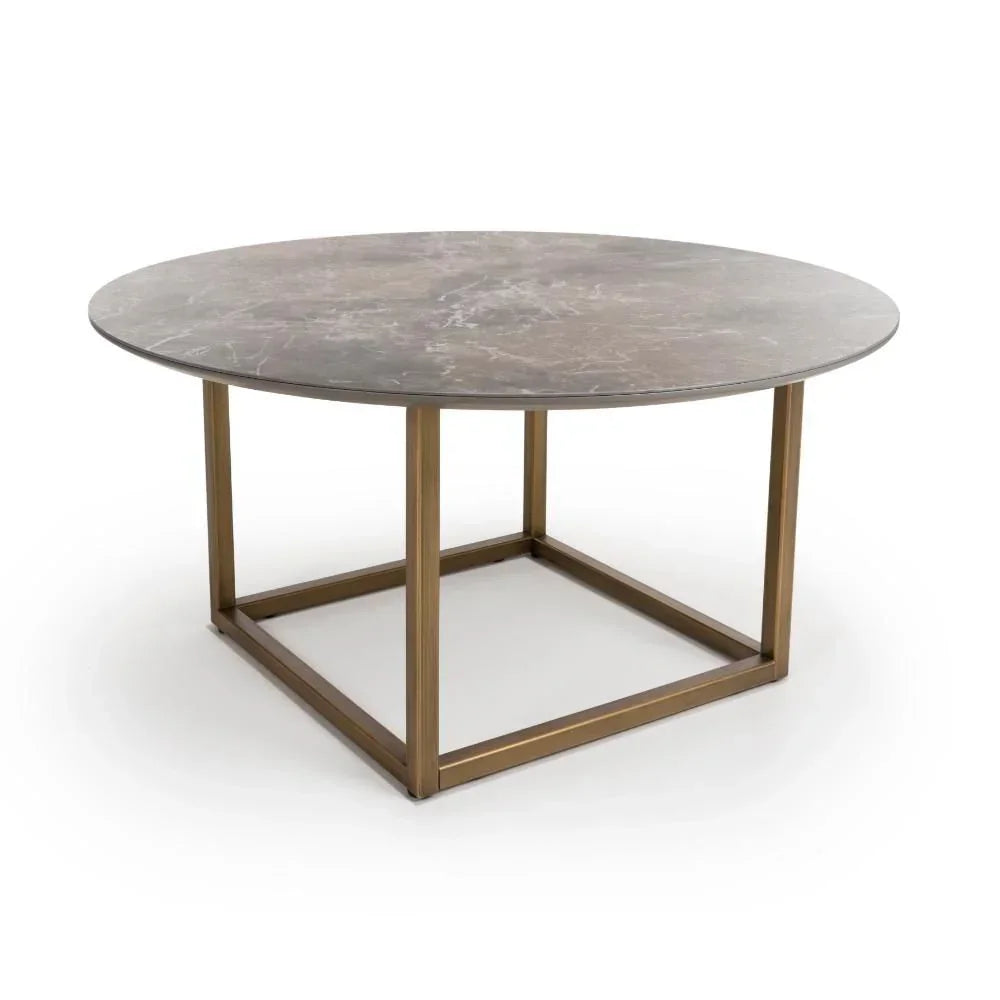 Round marble coffee table with bronze metal frame and open square base