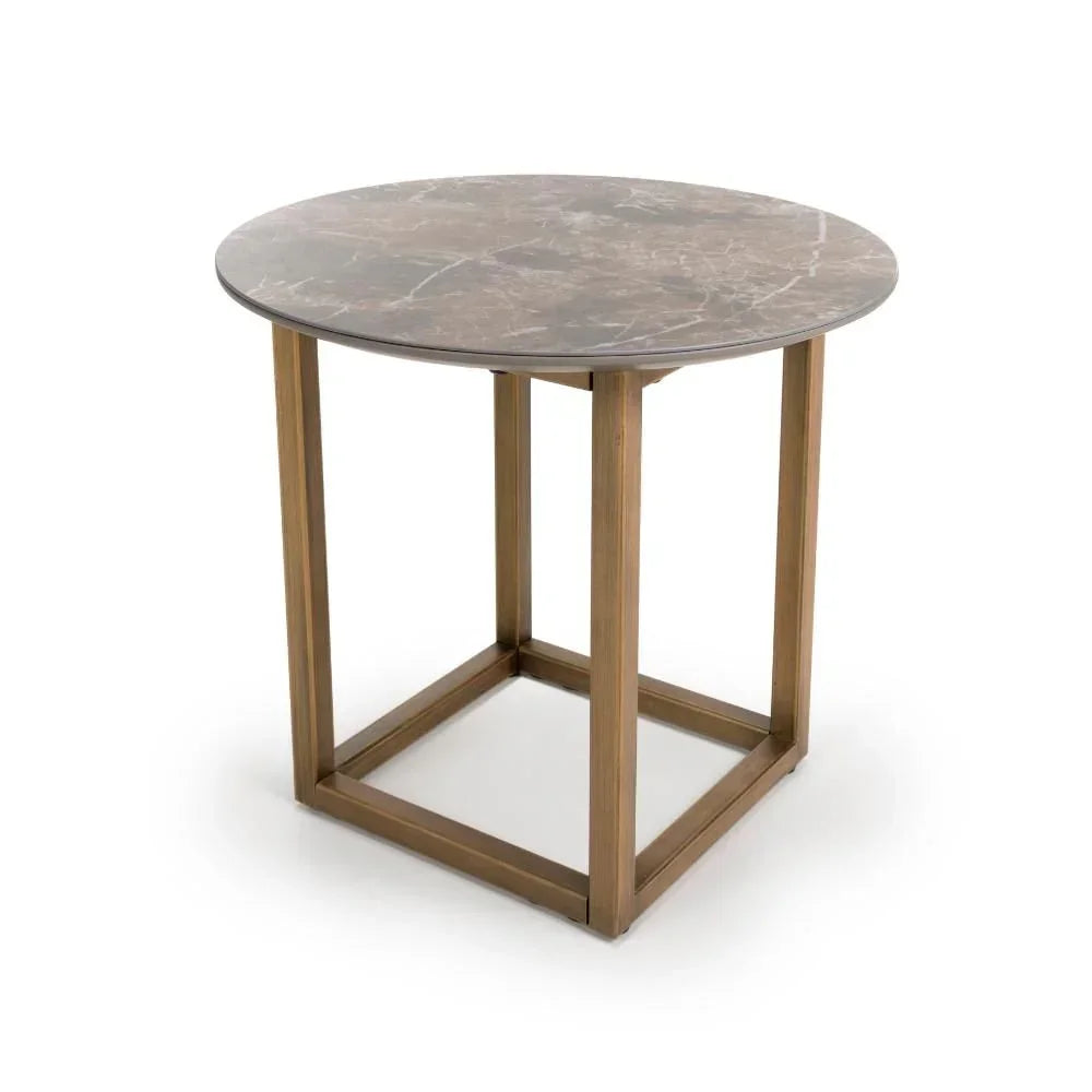 Round side table with brown marble top and gold metal frame