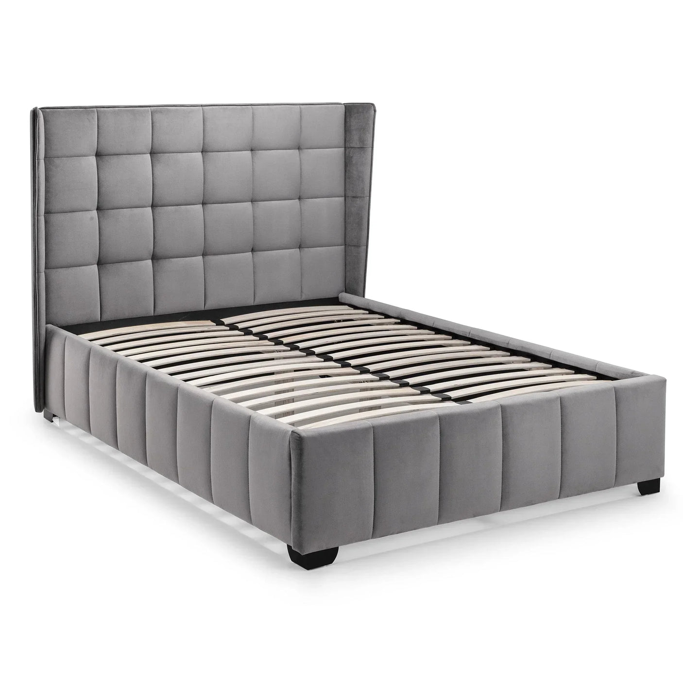 Grey upholstered bed frame with tall panelled headboard and slatted wooden base