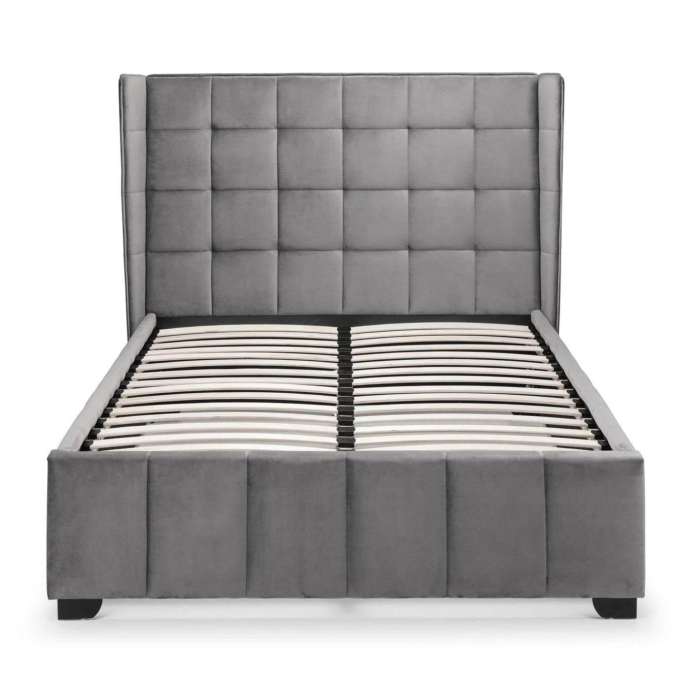 Grey upholstered bed frame with high padded headboard and wooden slats, front view