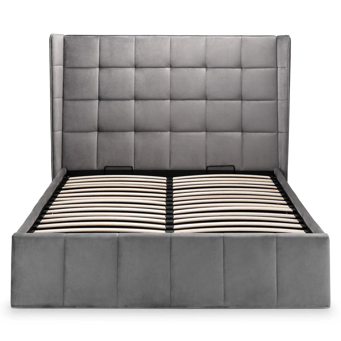 Grey upholstered ottoman bed frame with tall panelled headboard and wooden slats