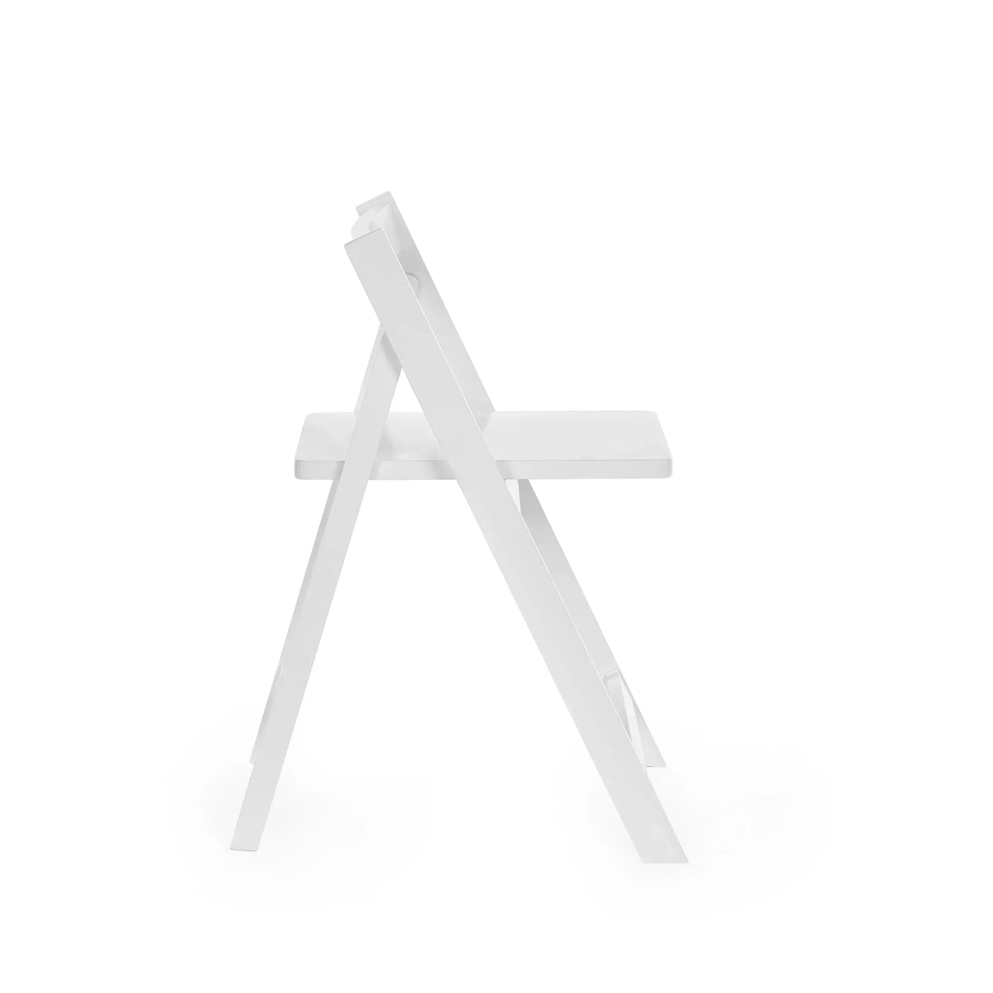white folding dining chair in side view against plain background