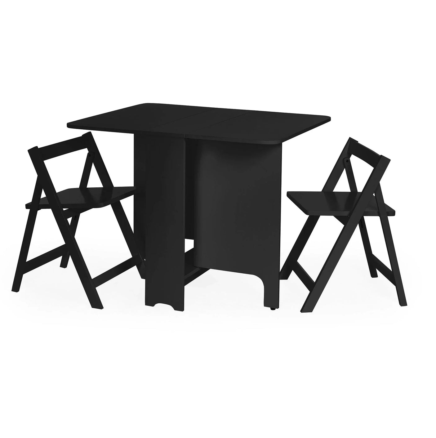 Black folding table with two matching folding chairs, shown from a front angle