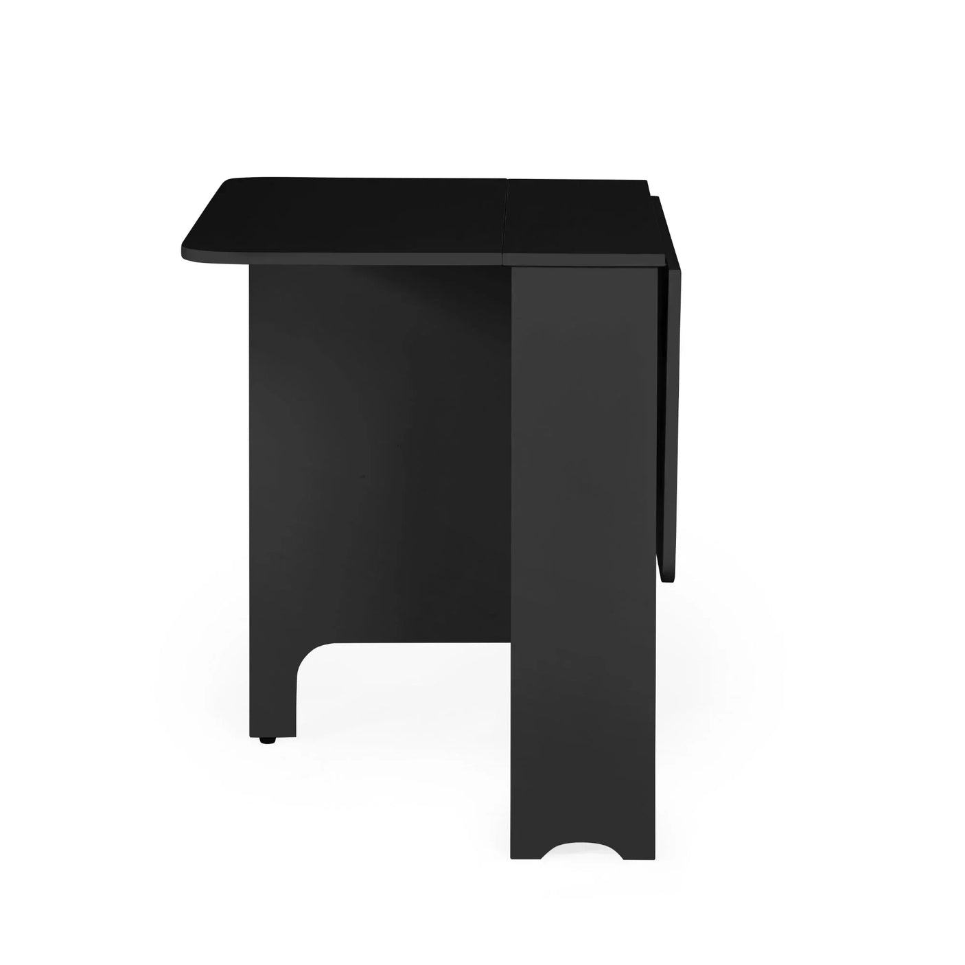 Black gateleg table with drop leaf sides, shown folded, modern compact dining furniture