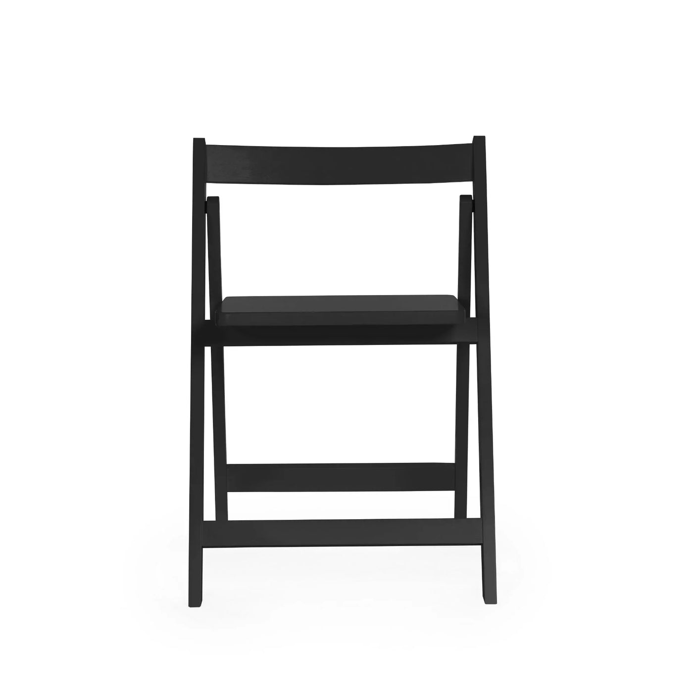Black wooden dining chair with slatted backrest, shown from the front on white background