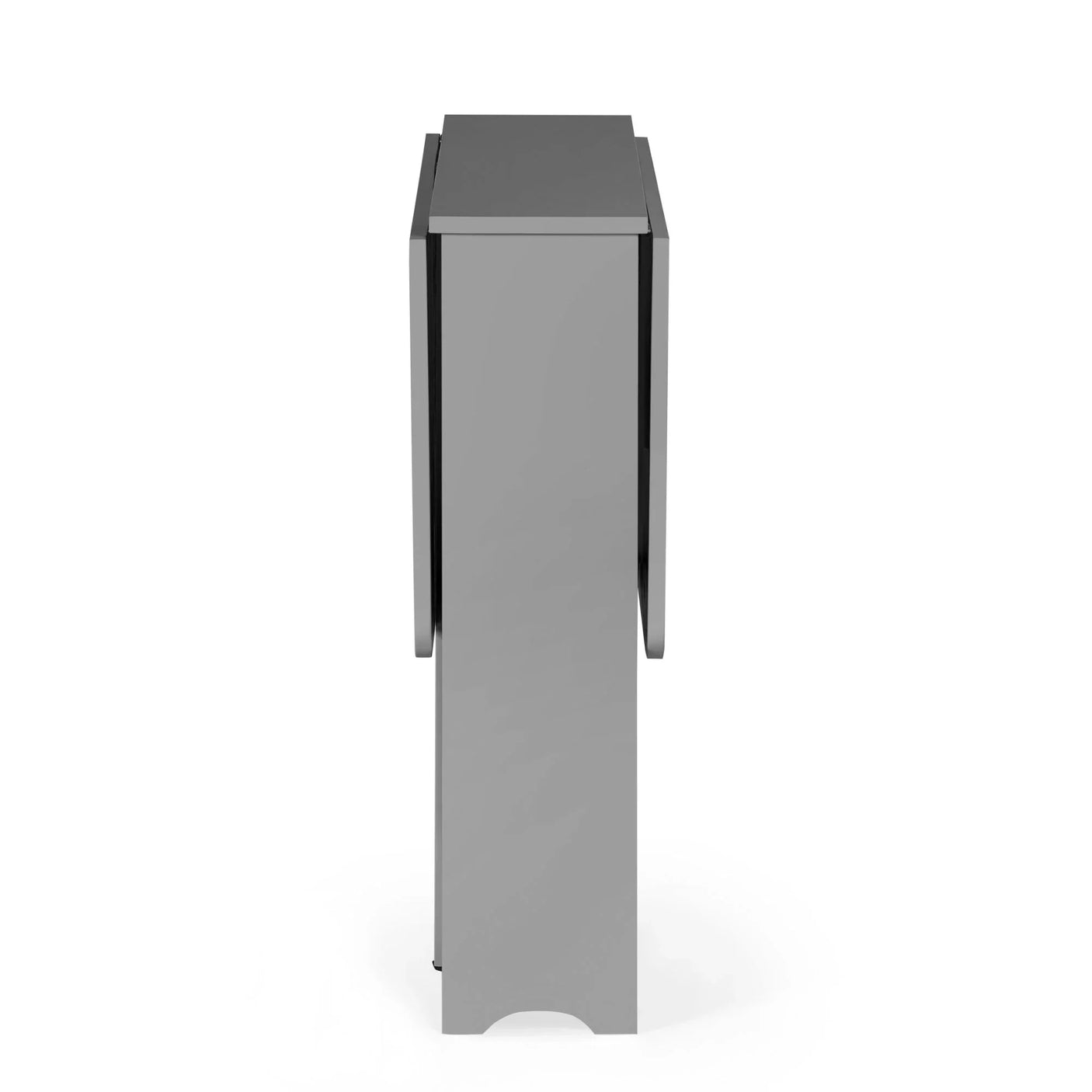 Folded light grey gateleg table with compact design, side view