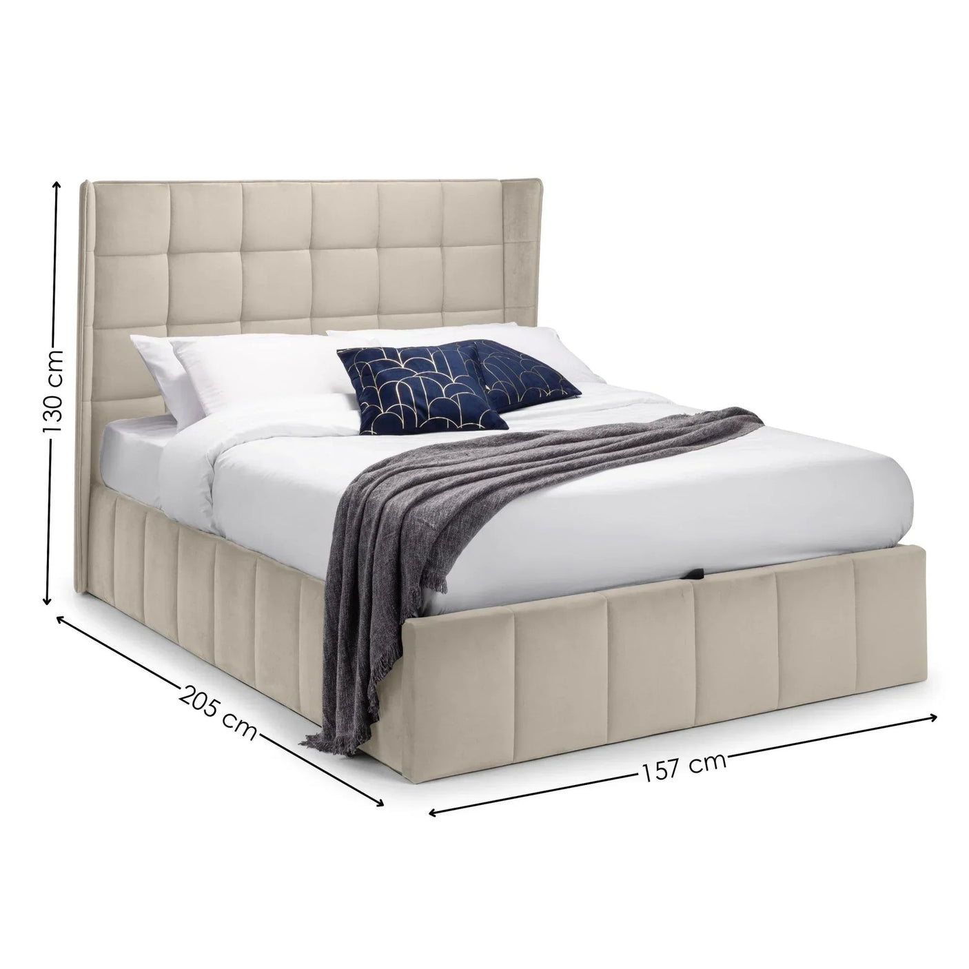 Beige upholstered bed frame with panelled headboard, shown with dimensions and bedding