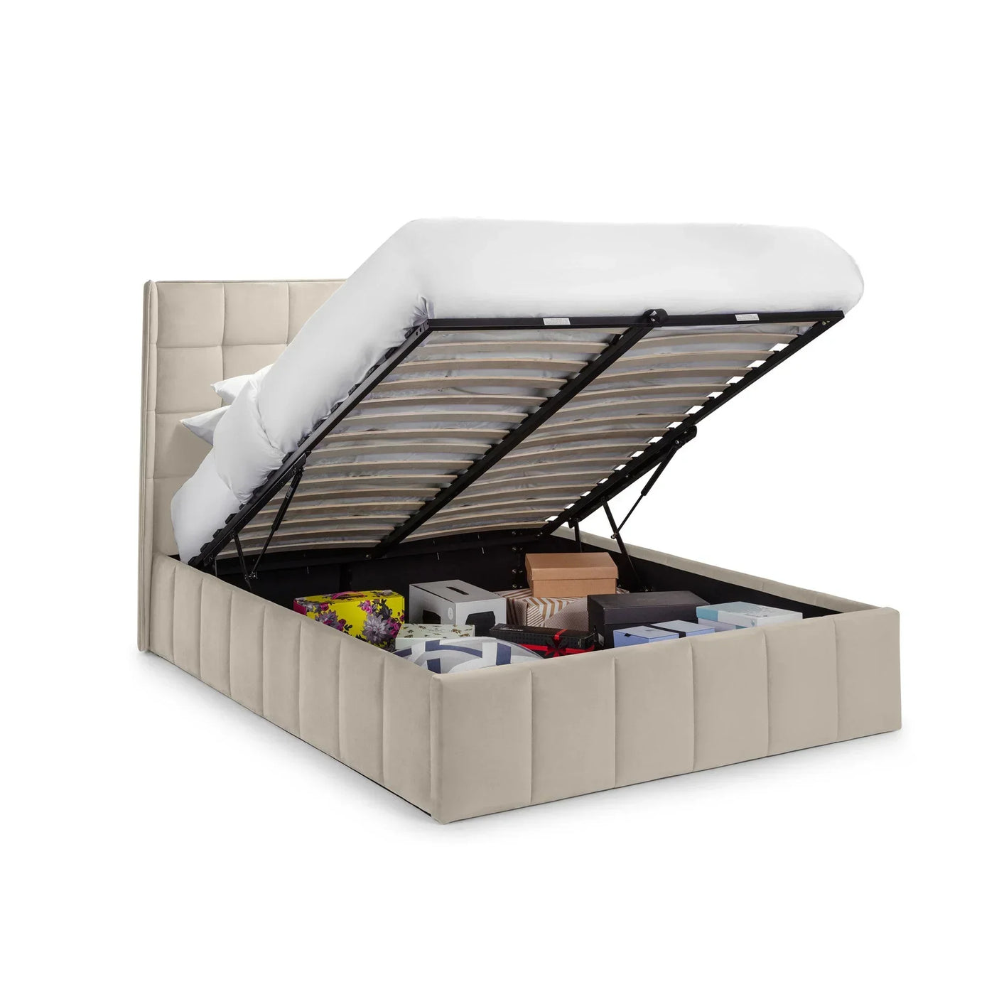 Beige ottoman storage bed with lift-up base and various boxes stored underneath