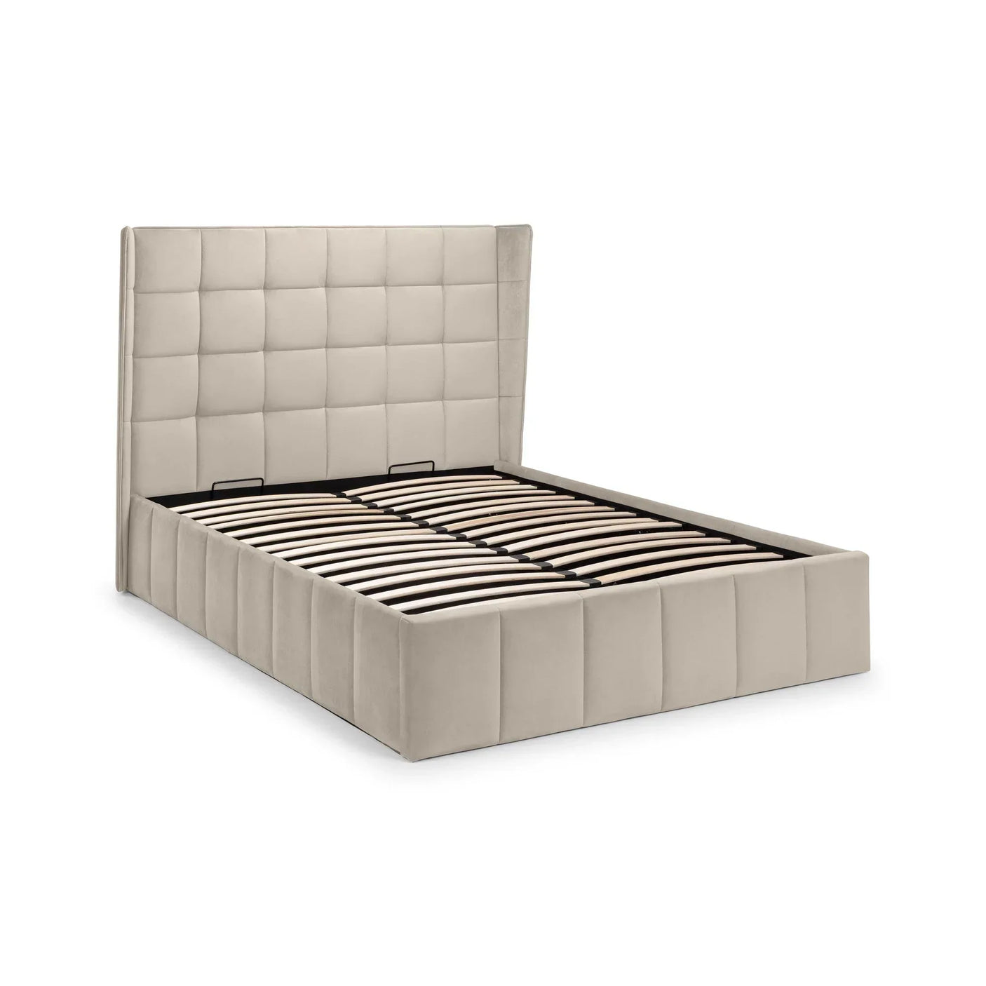 Beige upholstered bed frame with high padded headboard and wooden slatted base