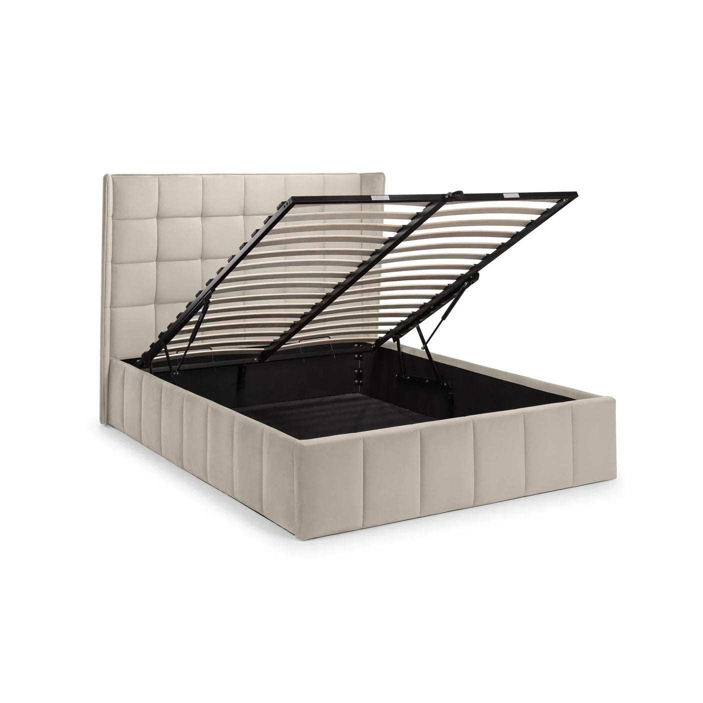 Beige ottoman storage bed with raised slatted frame and padded headboard, front angle view