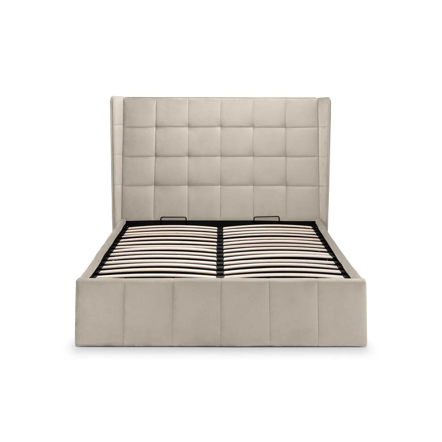 Beige upholstered bed frame with tall grid-patterned headboard and wooden slats, front view