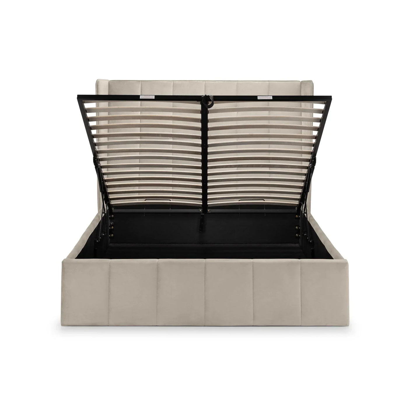 Beige ottoman storage bed with lifted slatted base, showing spacious underbed compartment