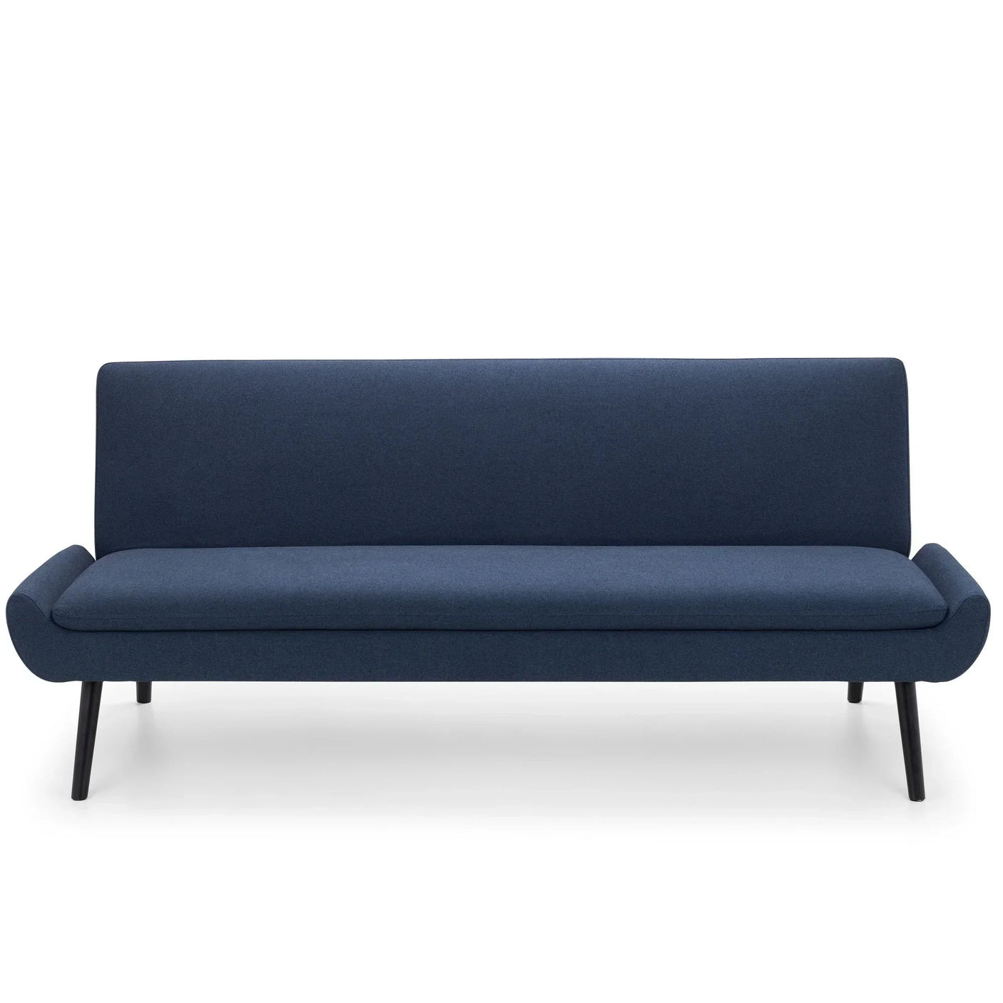 Modern navy blue fabric sofa with slim black legs, front view