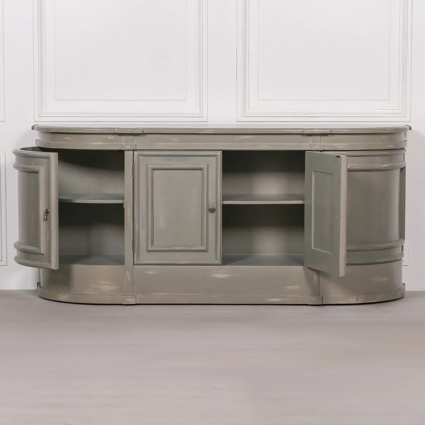 Grey wooden sideboard cabinet with open doors and shelves, curved ends and central panel