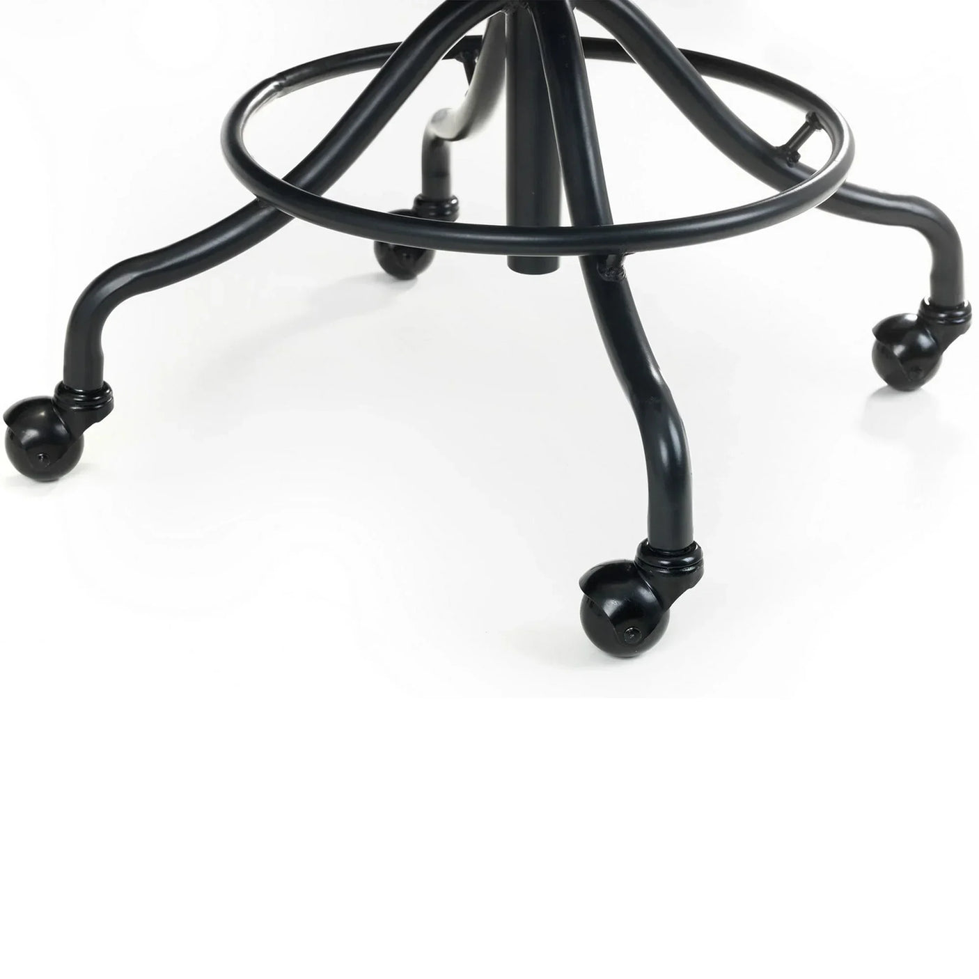 Black metal swivel chair base with caster wheels and circular footrest detail