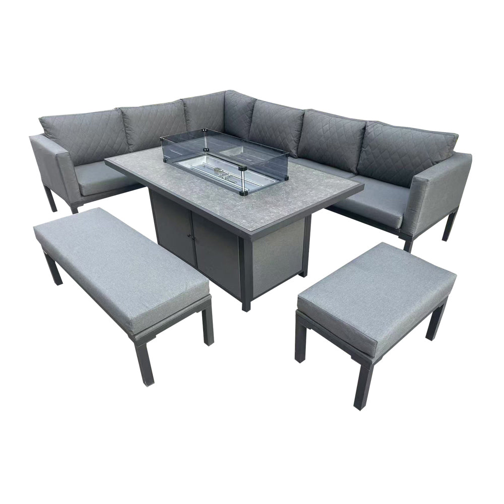 Alnwick Grey Rattan Fire Pit Sofa Set – Corner & 3-Seater with Bench