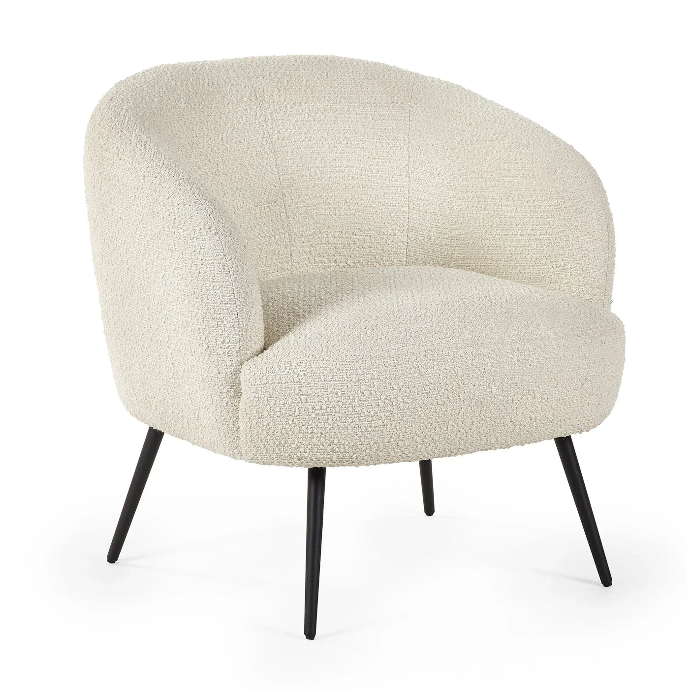Cream boucle accent chair with curved backrest and black metal legs