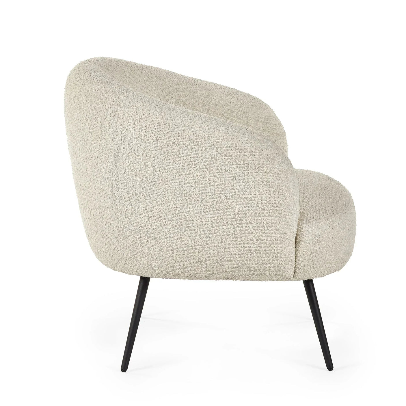 Cream boucle accent chair with curved backrest and slim black metal legs, side view