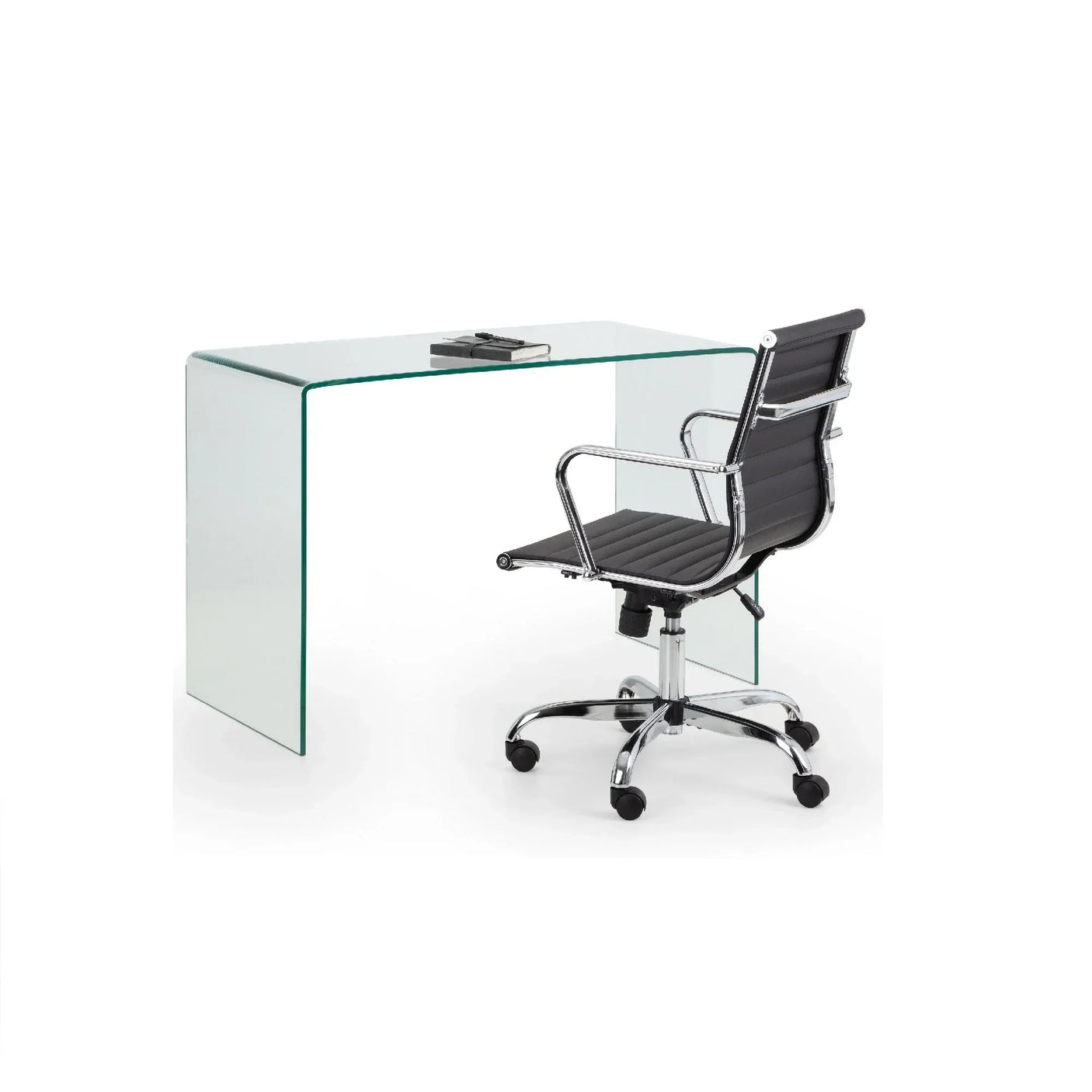 Black office chair with chrome legs next to a clear glass desk and notebook set