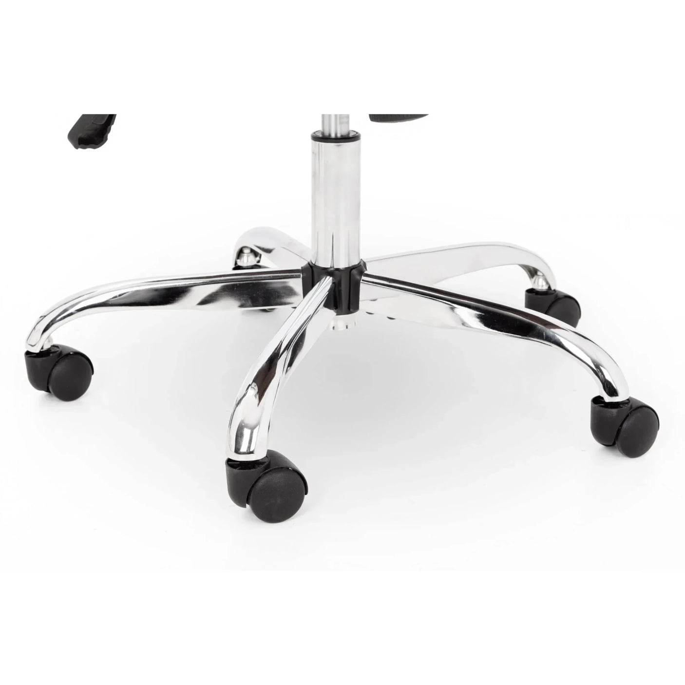 Office chair base with chrome legs and black castor wheels, close-up view