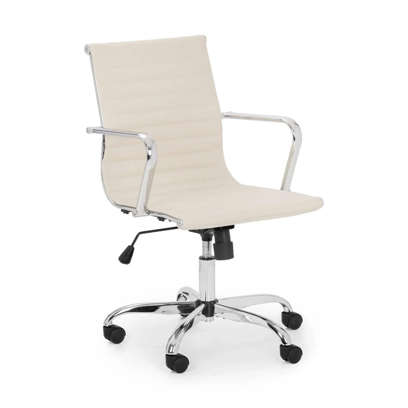 Ivory office chair with chrome frame, adjustable height and swivel base, front angle view
