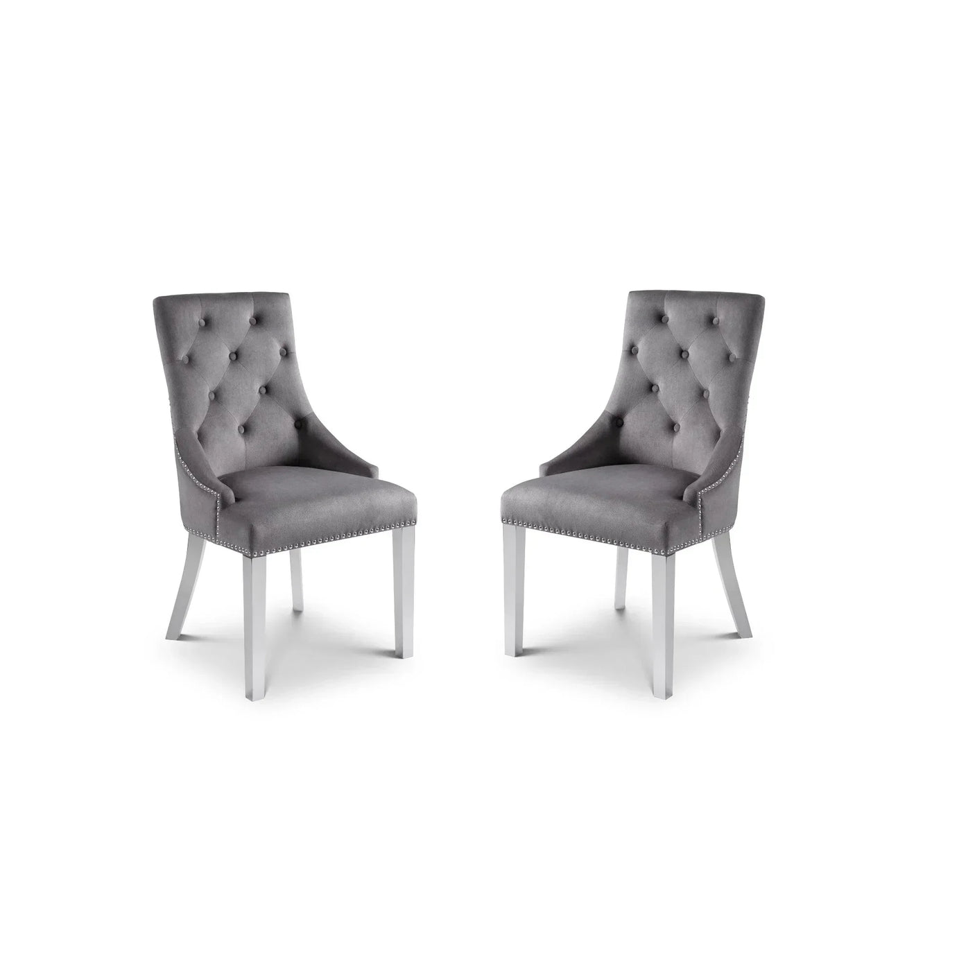 Pair of grey velvet dining chairs with button-tufted back and silver stud detailing