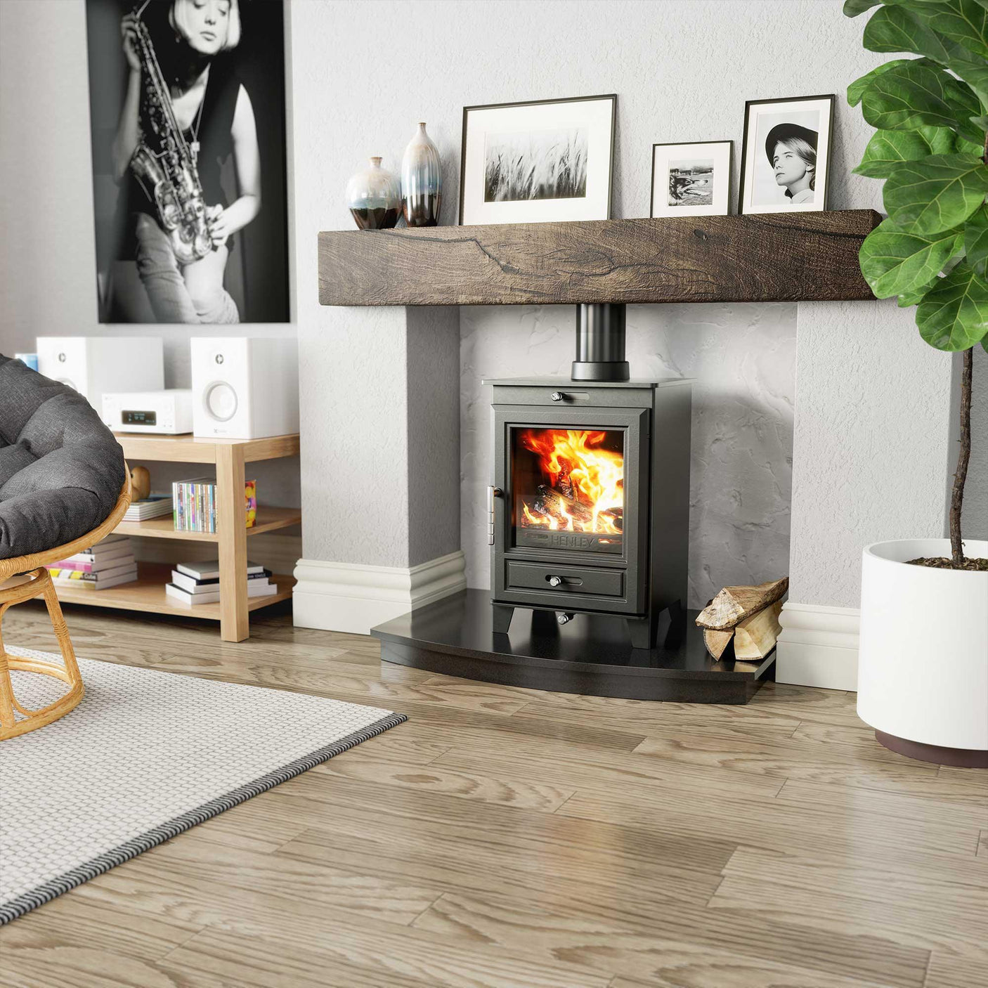 Modern log burner stove with fire lit in living room, set against rustic wood mantel