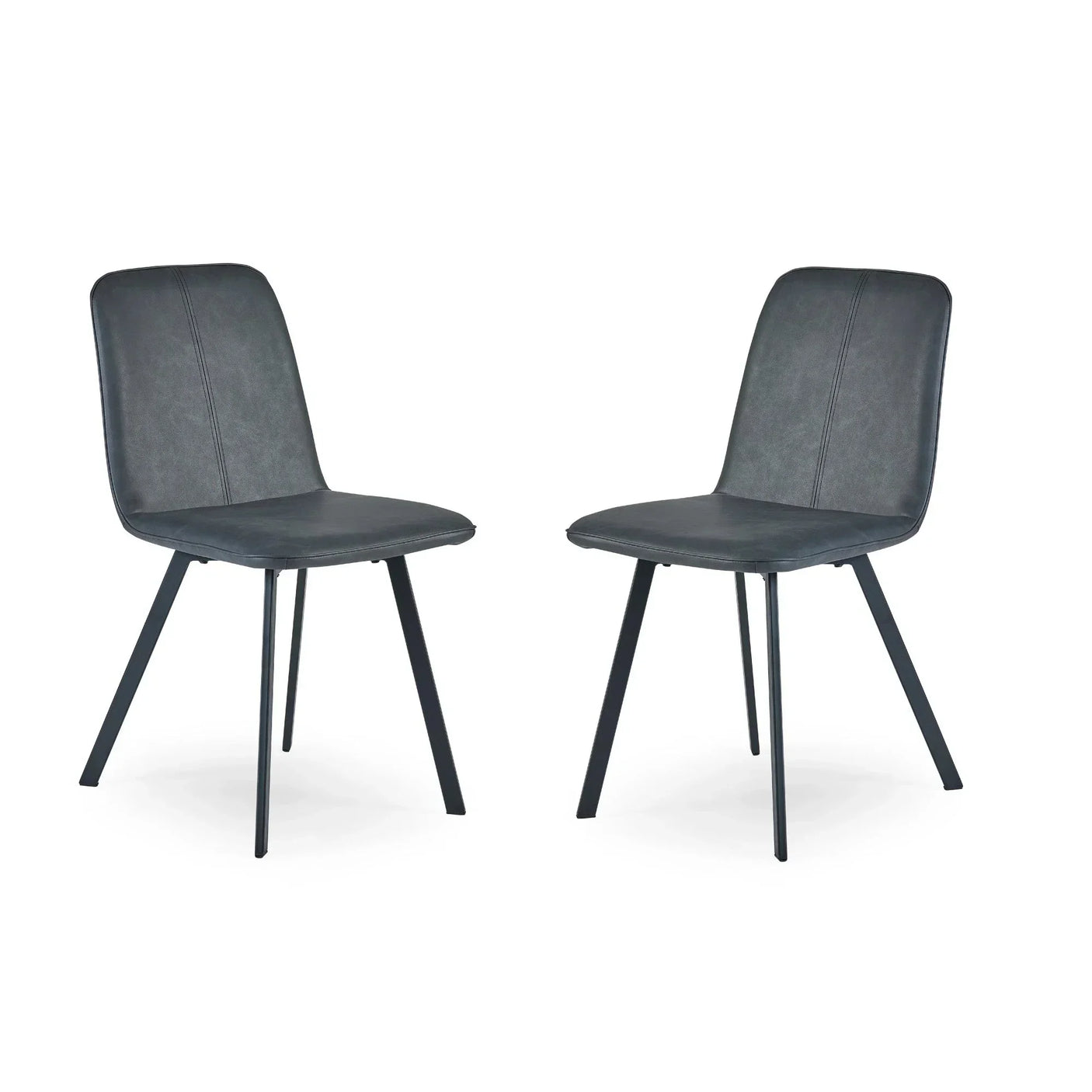 Pair of grey dining chairs with black metal legs and faux leather upholstery on white background