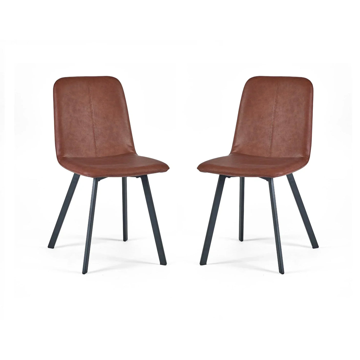Brown faux leather dining chairs with black metal legs, set of two on white background